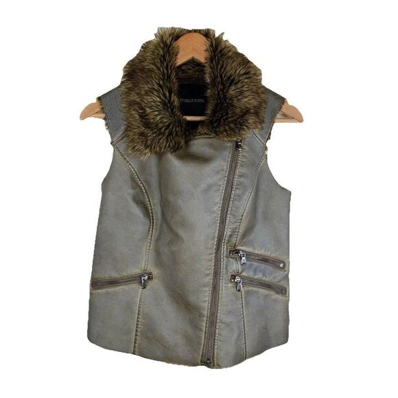 Maurice's Faux Leather Fur Asymmetrical Gun Metal Green Vest Jacket Womens Small - Picture 1 of 10